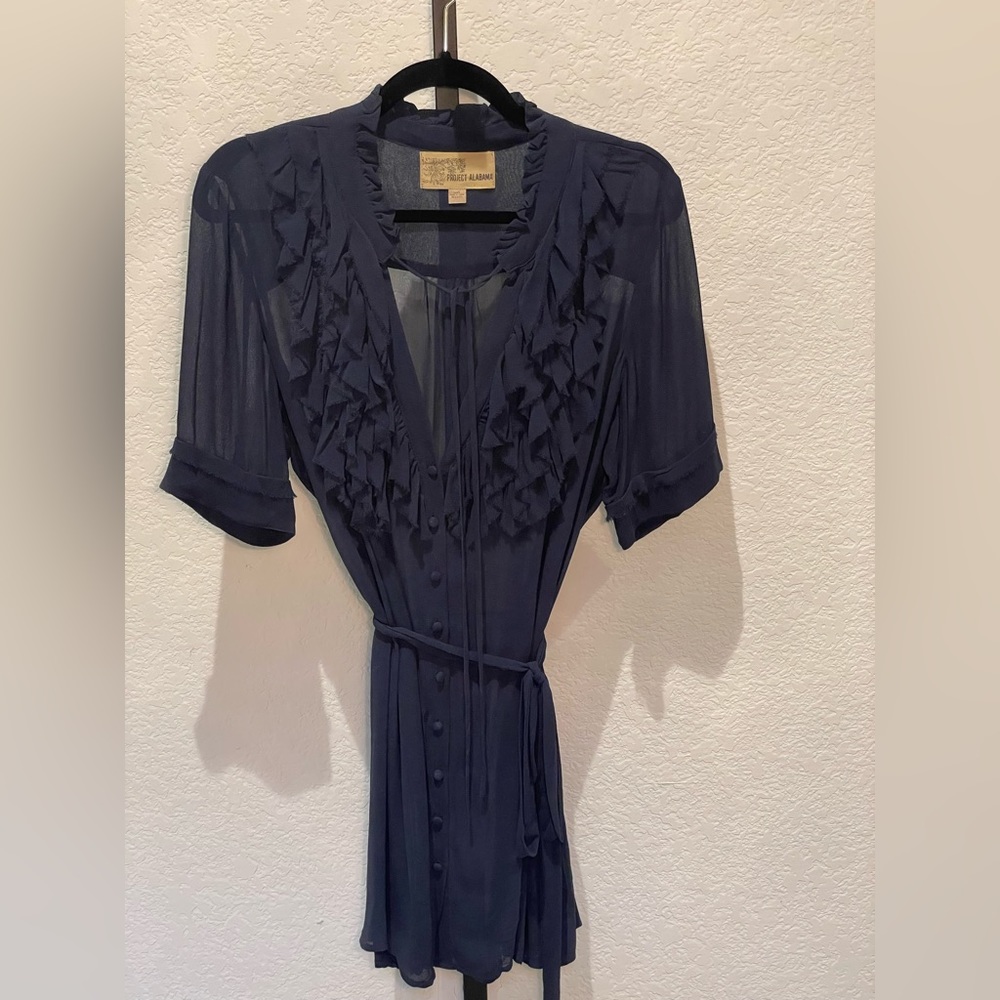 Anthropologie Navy Silk Tie Waist Ruffle Front Tunic